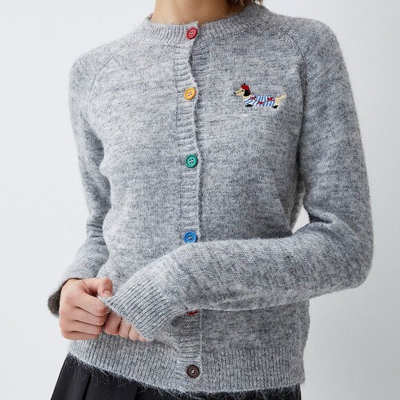 Rainbow Button Up Dachshund Crew Neck Sweater Cardigan - Picture 1 of 2